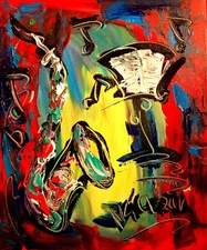 SAXOPHONE Modern Abstract BLUE CITY   Original Oil Painting  IMPRESSIONIST