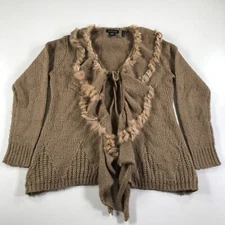 Maglia Cardigan Sweater Womens Extra Large Brown Mohair Blend Rabbit Fur Open