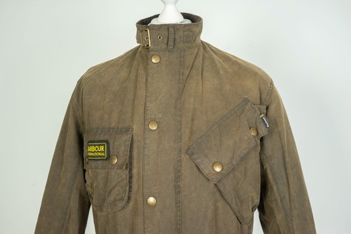 -Giacca uomo Barbour Washington Steve McQueen cera marrone biker con cintura taglia XL - Foto 2 di 14