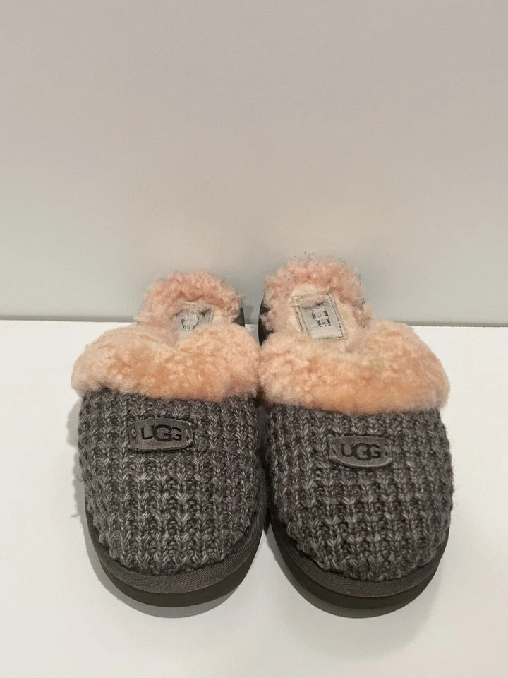 UGG Cozy Knit Slide Slippers Womens 5 US Charcoal Gray/ Pink Shearling Comfort - Image 2 of 4