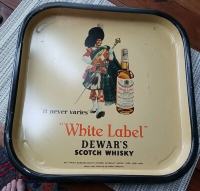 Vintage White Label Dewar's Whiskey Advertisement Beverage Serving Tin Tray