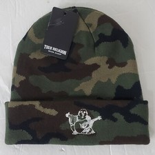 TRUE RELIGION CUFFED BEANIE CAMO HAT MEN' EMBROIDERED WHITE BUDDHA GUITAR LOGO
