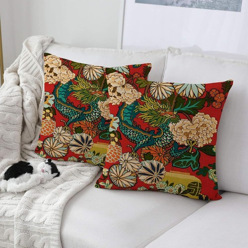 Pillow Covers 18x18 Inch Decorative Pillow Case red background-Chiang Mai Dra... - Picture 4 of 11