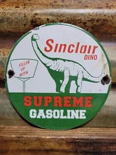 VINTAGE SINCLAIR PORCELAIN SIGN DINO SUPREME GASOLINE MOTOR OIL SALES SERVICE 6"