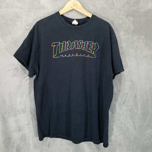 Thrasher Shirt Skateboard Magazine Mens XL Black Rainbow Outline Streetwear