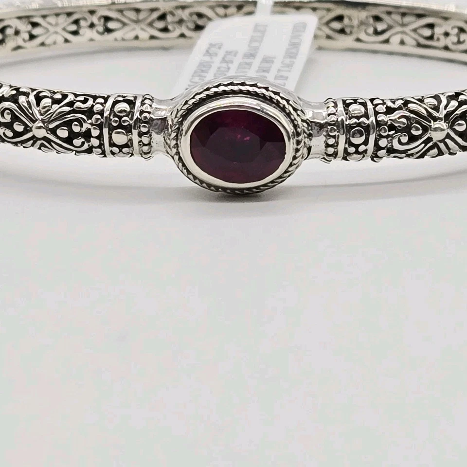 Sarda Hinged Bangle Bracelet Sterling Silver 925 Red Ruby Oval Faceted 7.25 in - Image 3 of 4