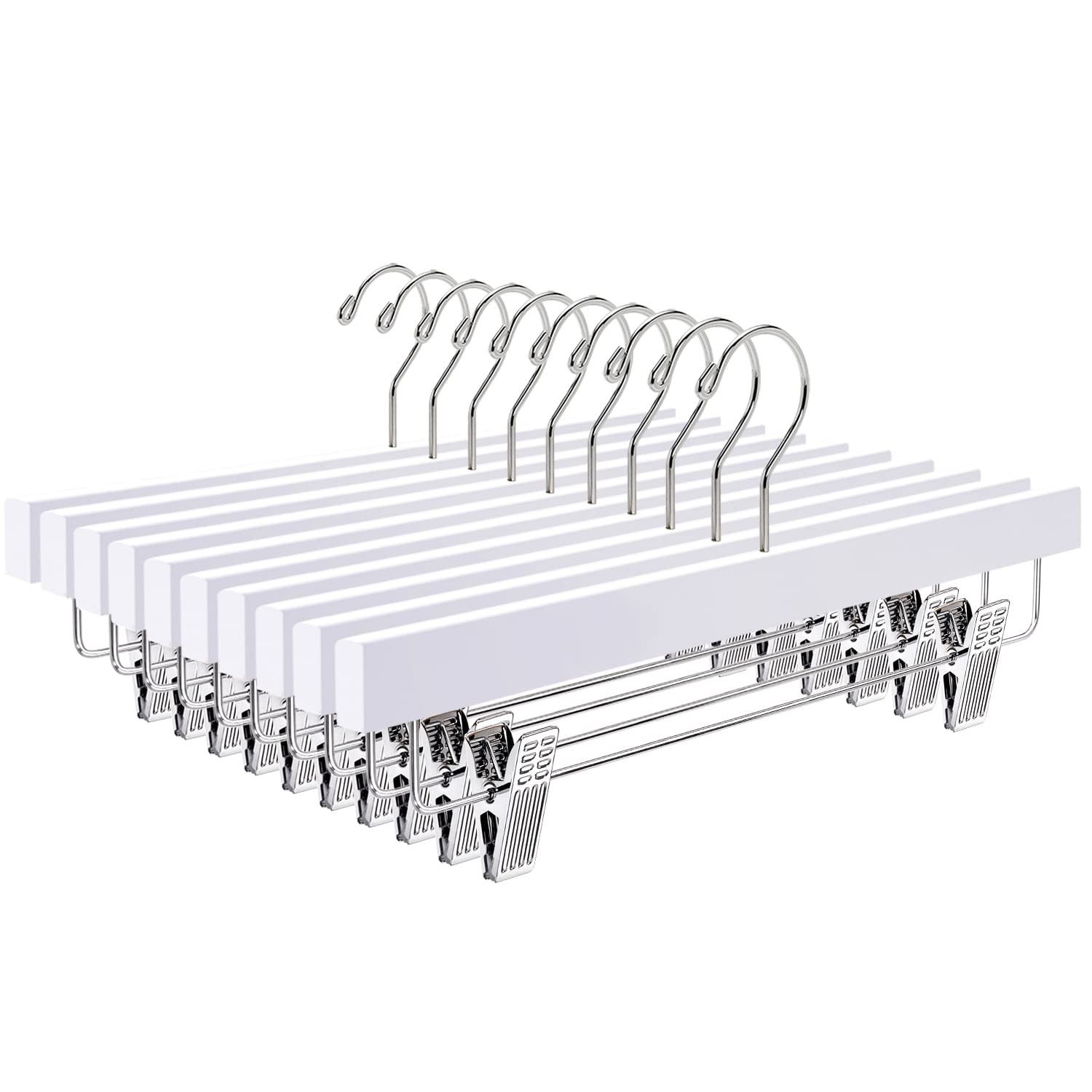10-Pack White Wooden Pants Hangers with Clips for Skirts & Trousers