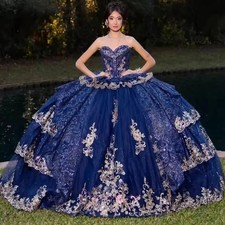 Luxury Navy Blue Quinceanera Dresses Applique Lace Crystal Beading Sweet 15 Gown