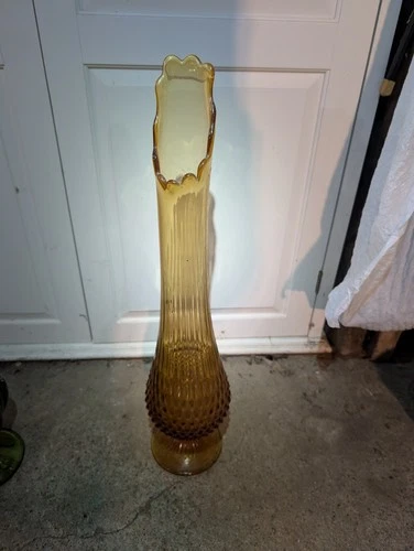 Vintage Fenton Art Glass Hobnail Swung Vase Honey Amber Footed 20"