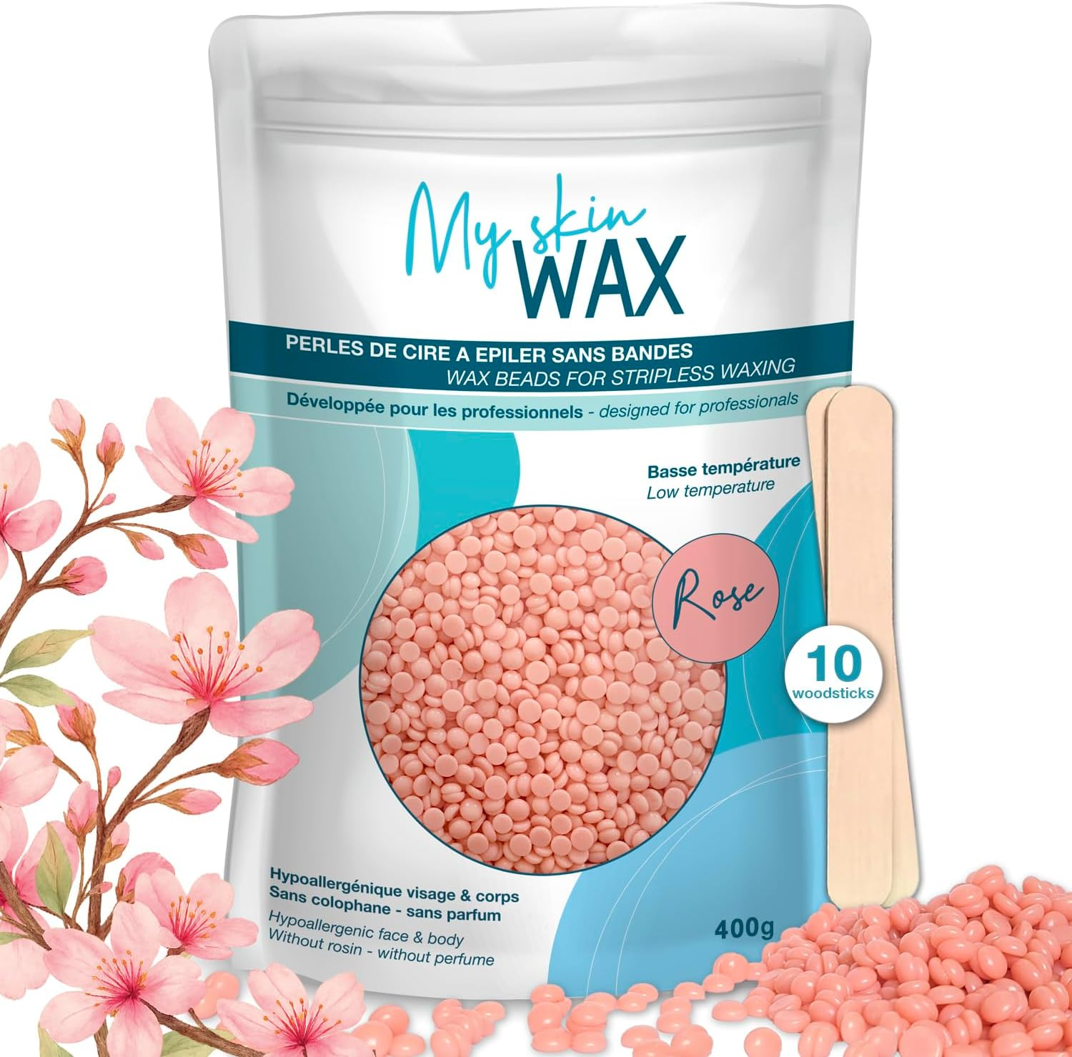 Stripless Wax Beads 400g Rose Hypoallergenic Peelable Wax for Face Bikini Skin