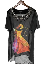 Antthony Women's Holiday Luxe Lady Print Hi Low Tunic Top Black