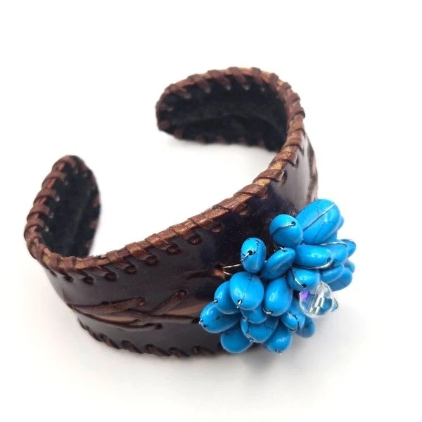 Hand-Crafted Flexible Adjustable Leather Cuff Bracelet with Blue Howlite Cluster - Image 3 of 4