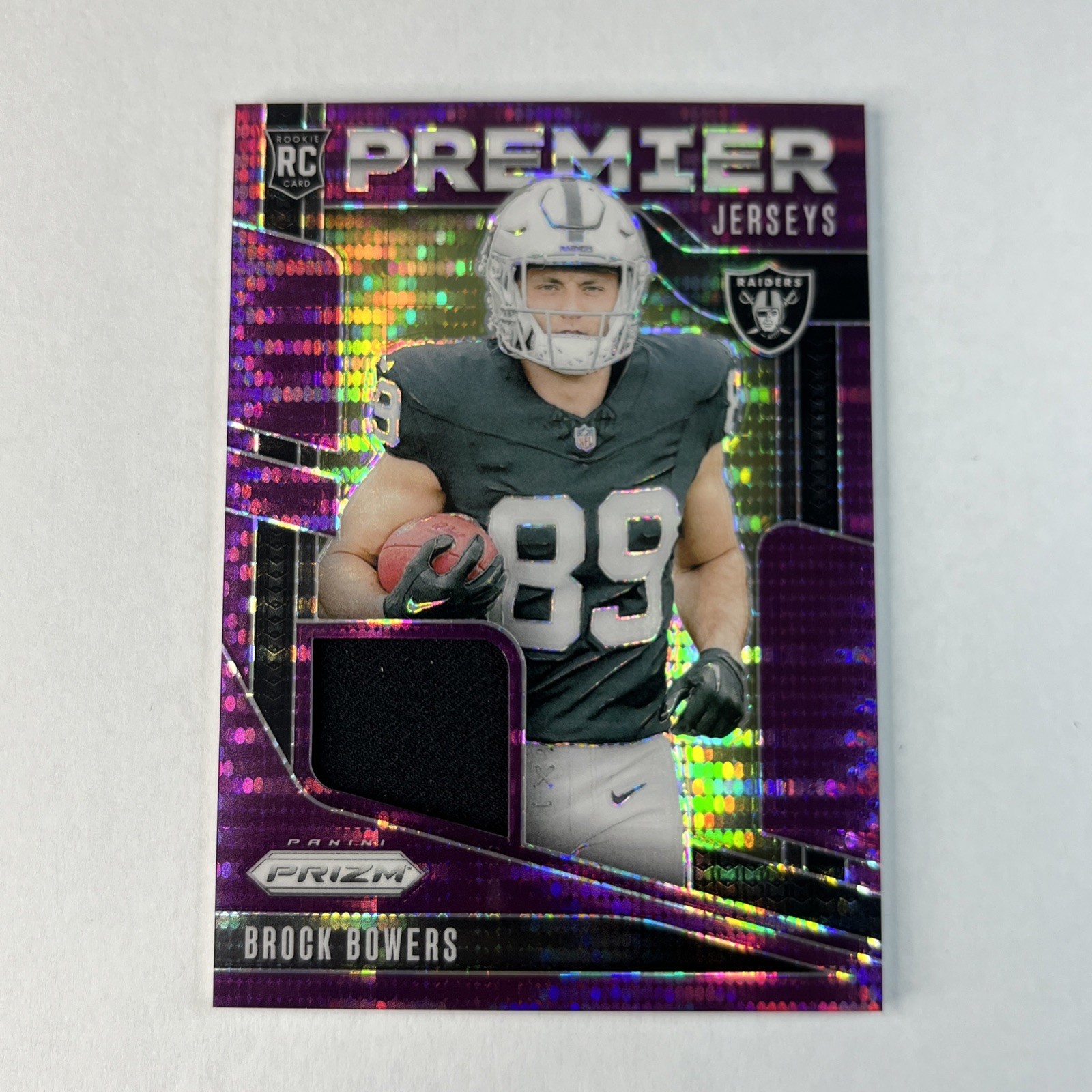 2024 Panini Prizm Brock Bowers Premier Jerseys Purple Pulsar RC - Raiders