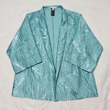 Chico's Turquoise Pleated Leaf Open Front Jacket Sz 2 L Textured 3/4 Sleeve EUC