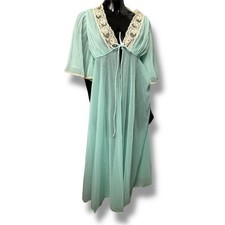 Vtg Double Chiffon Pale Green Peignoir Robe Lingerie Pastel Sheer Ivory Lace Tie