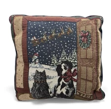 VTG Christmas Tapestry Throw Pillow Kitty and Puppy Holiday Winter Scene 16X16