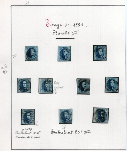 10x 1851 Belgium 20c King Leopold SC #7 Postmark Study Group, Used F/VF. - product listing photo
