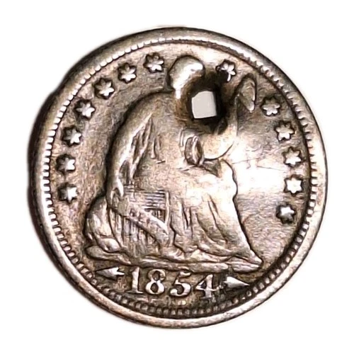 1854 Seated Liberty Half Dime Nice Patina Arrows @ Date VG/F Details Holed