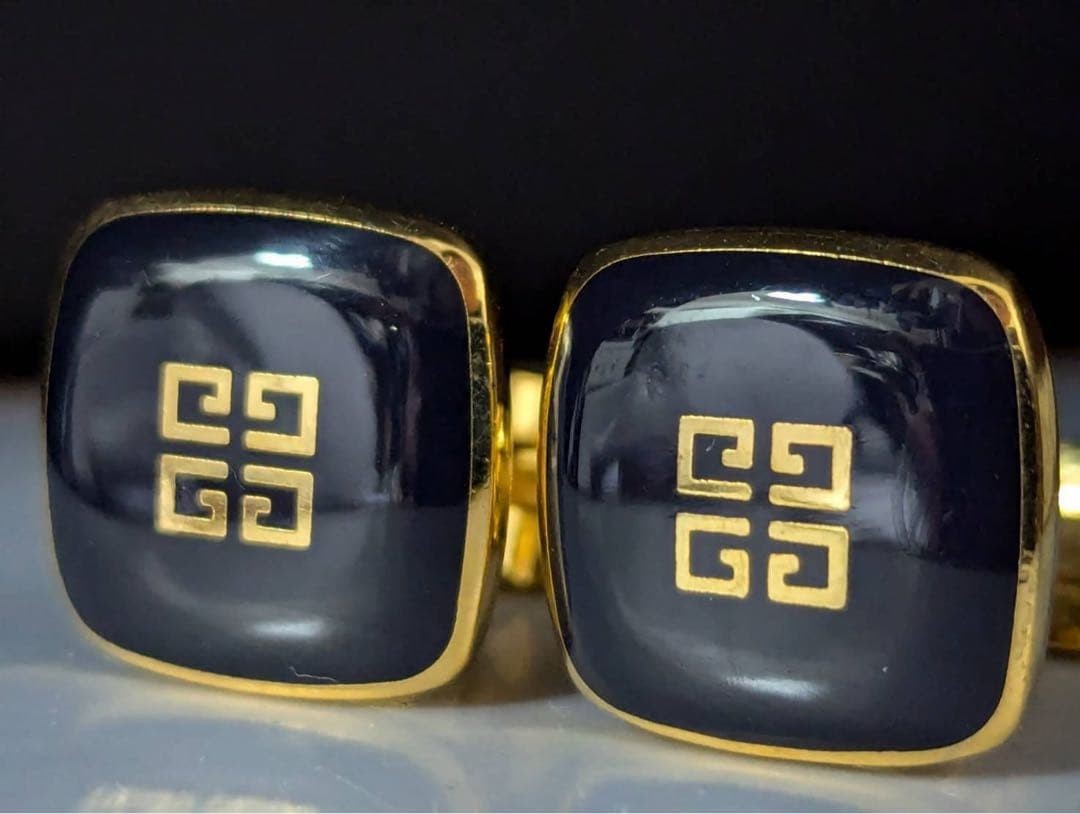Givenchy Logo Square Button Cufflinks Gold Black … - image 1
