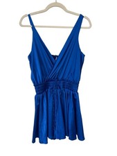 Glam Faux Wrap Sleeveless Tunic Dress Size Small Smocked Waist Royal Blue NEW