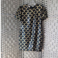Vtg Laurence Kazar Sequin Dress Black Gold Scallop Sz S Gatsby Flapper Art Deco