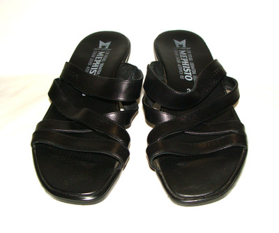 Mephisto Air Relax Black Leather Slide On Criss Cross Strap Open Toe Sandals 8.5