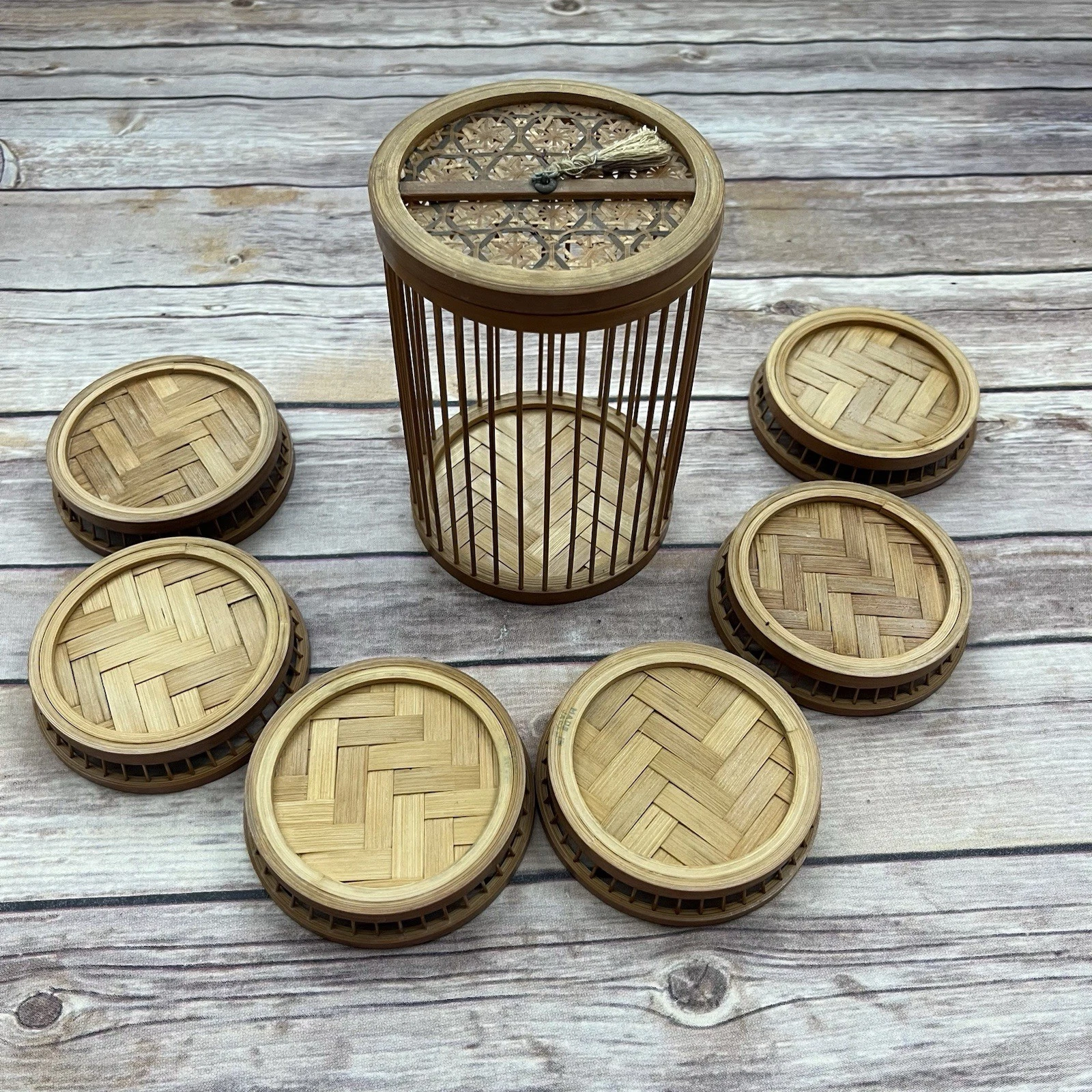Vintage Rattan Coaster Set With Holder Made In Japan