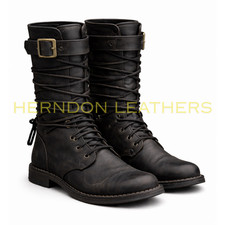 Black Medieval Renaissance Boots Men Mid Calf Leather Viking LARP Pirate Boots