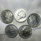 Mercury Dimes 1937-1945 Lot of 5 Circulated Silver 10C Coins