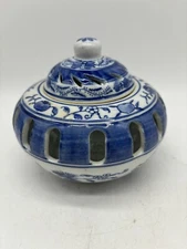 Blue And White Lidded Candle Holder / Potpourri Bowl