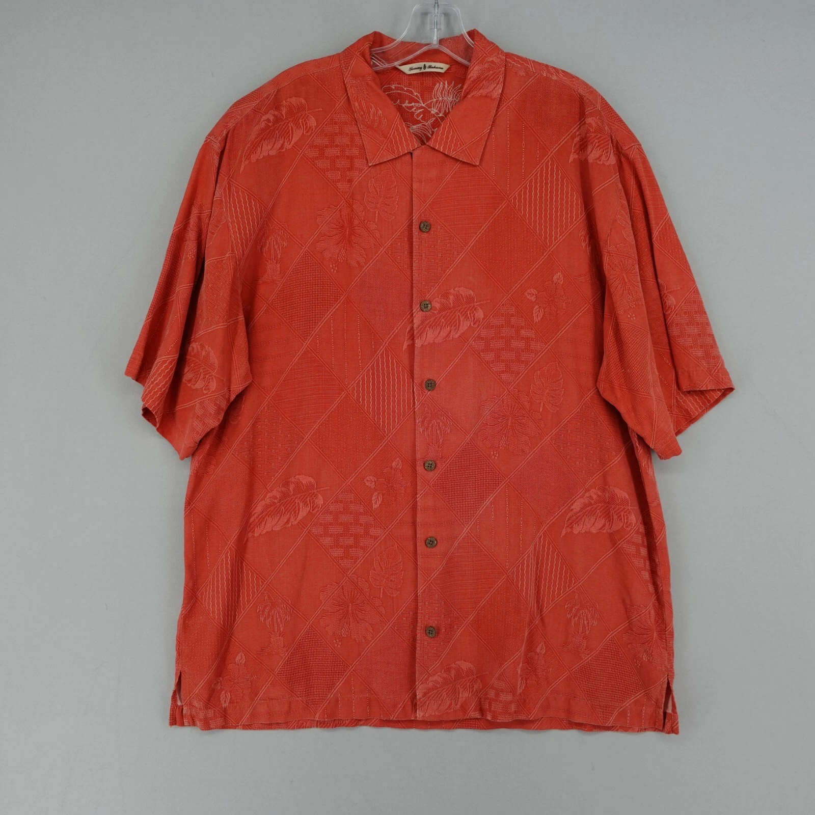 Tommy Bahama 100% Silk Floral Print Camp Shirt Mens Large Orange Short Sleeve