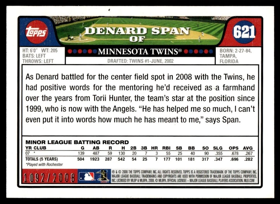 2008 Topps Gold Denard Span 1092/2008 Houston Astros #621 - Image 2 of 2