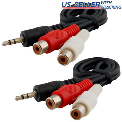 2pcs 1FT Aux Audio 3.5mm 1/8'' Male Plug to 2 RCA Phono Female Stereo Cable
