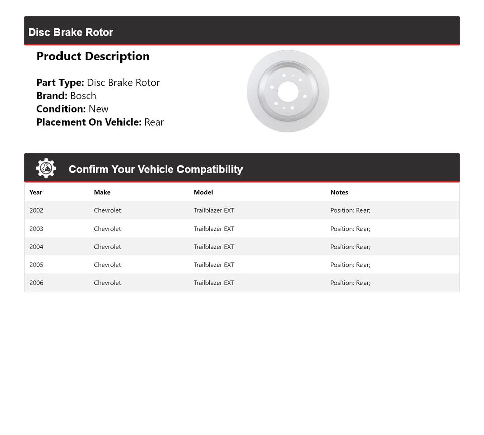 Rotor de freno de disco trasero para Chevrolet Trailblazer EXT 2002-2006 Bosch QuietCast Foto 2 de 4