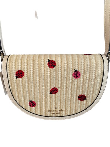 Kate Spade Luna Crescent Crossbody Straw Crossbody Embroidered Ladybugs - Picture 9 of 12