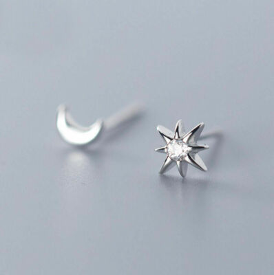 925 Sterling Silver Tiny Moon Star Asymmetric CZ Stud Earrings Women Jewelry AJ