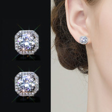 Women 8mm Bling Sterling Silver Square Cubic Zirconia Ear Stud Earrings Gift S1