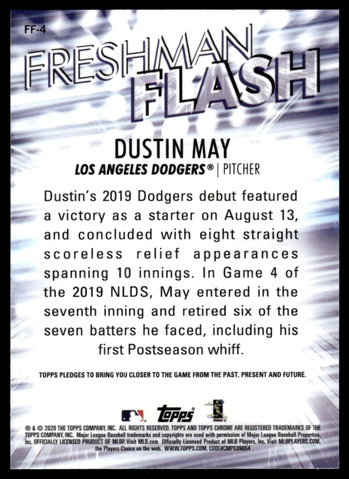 2020 Topps Chrome Freshman Flash Dustin May R33 Los Angeles Dodgers #FF-4 - Image 2 of 2