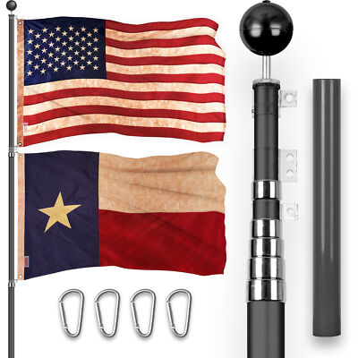 20Ft Telescoping Flagpole Black & USA and Texas Tea Stained Flags Emb 300D 3x5Ft
