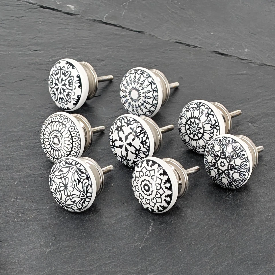8 X Möbelknöpfe Set Griffe Schwarz Weiß Keramik Knöpfe Knäufe Knober Ornament - Bild 4 von 4