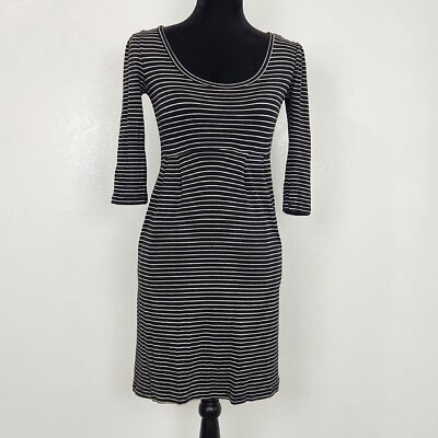 H&M Black/Ivory Rayon 3/4 Sleeve Scoop Neck Thigh Length A-Line Dress Size 4