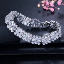 Yellow Gold Plated Cubic Zircon Crystal Flower Connected Tennis Charm Bracelet 