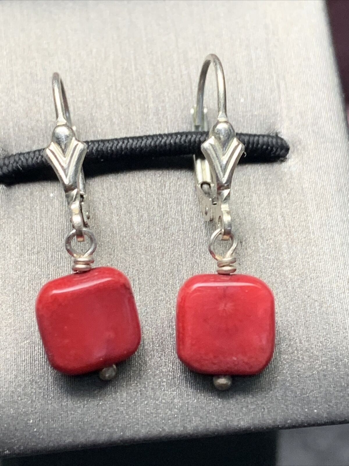 Vintage Red Sea Coral  Drop Dangle Sterling Silver 925 Pierced earrings