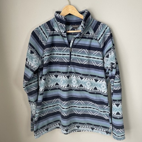 Damen Eddie Bauer Azteken Design blau 1/4 Reißverschluss Stehkragen Fleece Pullover Gr. L