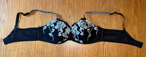Cacique, White Embroidered Floral Accent on Black Demi Cup Underwire Bra Sz 40C - Picture 8 of 19