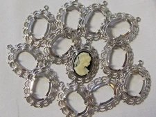 12 Rare Prong Set SILVER Plated 13x18mm Oval Cameo Pendant Settings w/ Hang Loop