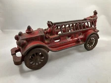 Vintage A C  Williams Cast Iron Red Ladder Truck Fire Engine w/Driver and Tiller
