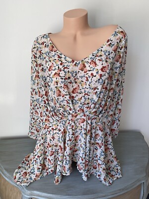 Hayden Los Angeles blouse top Sz 2XL Peplum Floral V Neck Cottagecore SHEER 2X