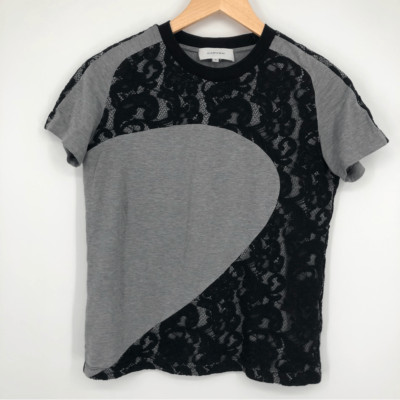 Carven Womens Shirt Size S Lace Applique Crewneck Gray Black Short Sleeve