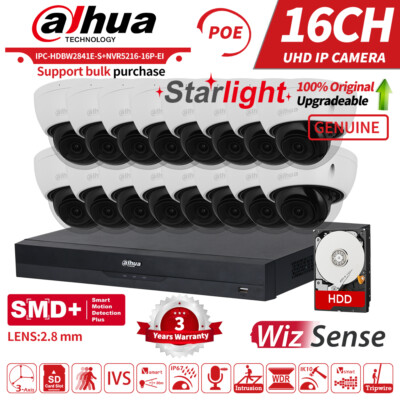 Dahua 16CH 16POE 8MP 4K NVR Security System Kit Dome WizSense IR IP Camera Lot